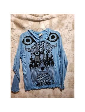 Sure Designs Lightweight Crinkle Hoodie Blue Owl Size Medium Unisex Design